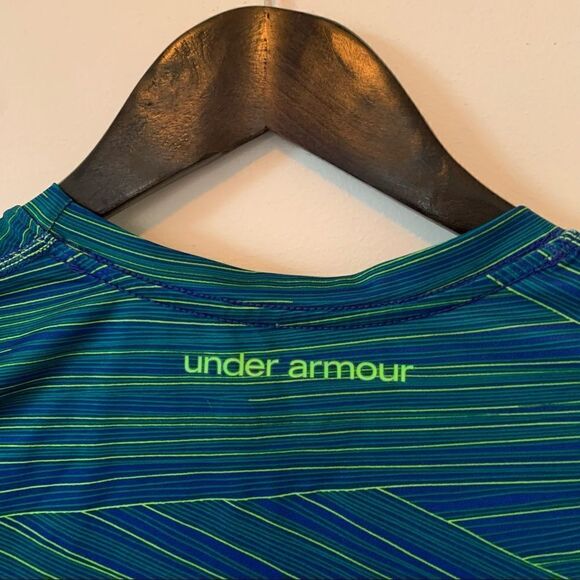 Under Armour Blue Yellow Stripes Fitted Heatgear Round Neck T-shirt - Picture 2 of 8